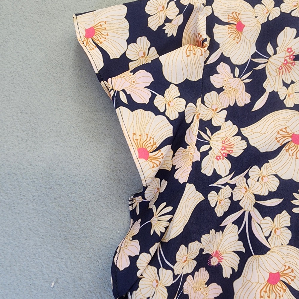 Grace Karin Floral Tiered Midi Dress Navy Blue Peach Flutter Sleeve Smocked‎ Med - Picture 11 of 12